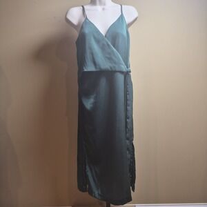 JOA Just One Answer Green Satin Wrap Midi Dress XS NWT BC8300 Forest Green